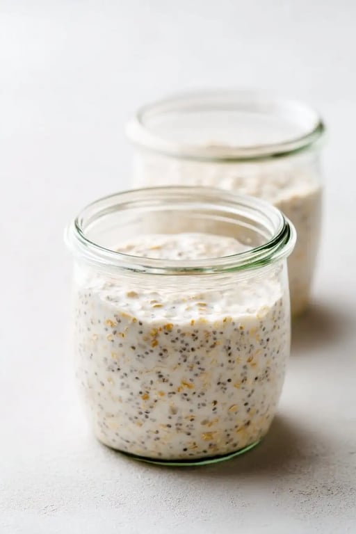Two small glass jars filled with plain keto overnight oats made with chia seeds and cream on a neutral surface