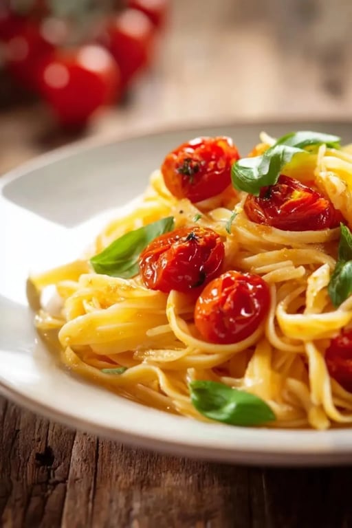 Close-up of keto pasta with roasted tomato and basil on white plate