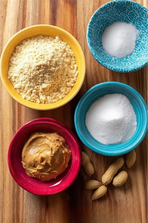 Keto Peanut Butter Cookies – Soft, Chewy, and Low-Carb Delight 7 Keto peanut butter cookie ingredients arranged in bowls on a wooden table