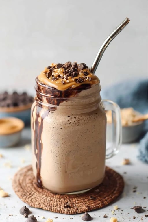 Keto protein shake in a mason jar topped with peanut butter, chocolate drizzle, and crushed chocolate chips.