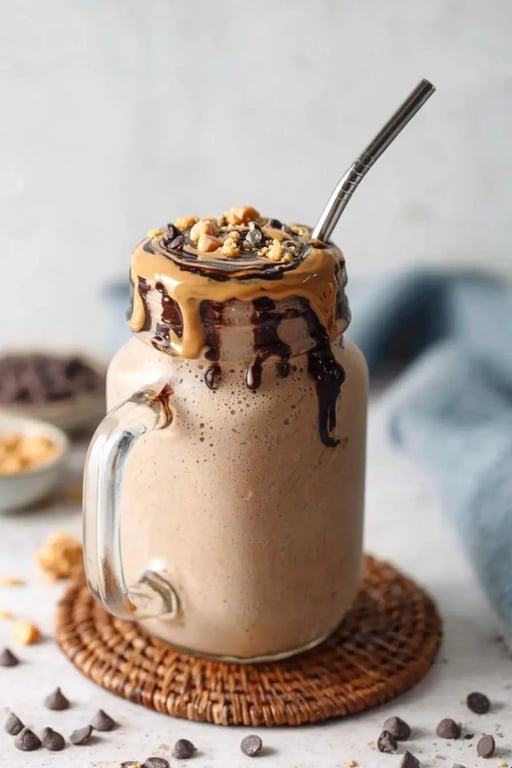 Keto protein shake in a mason jar topped with peanut butter, chocolate drizzle, nuts, and chocolate chips.