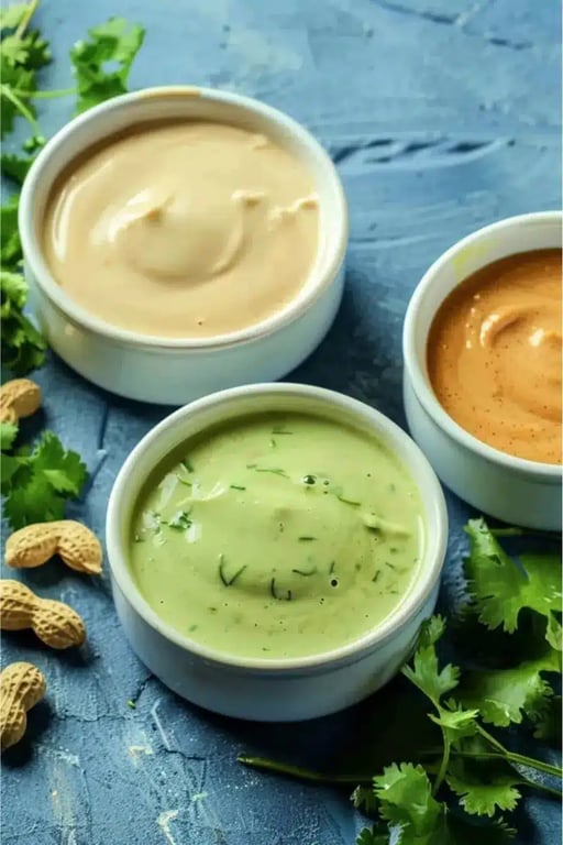 Trio of keto salad dressings served in small white bowls