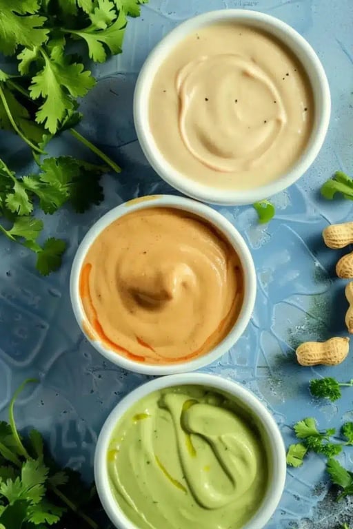 Trio of creamy keto salad dressings in white bowls with herbs and peanuts