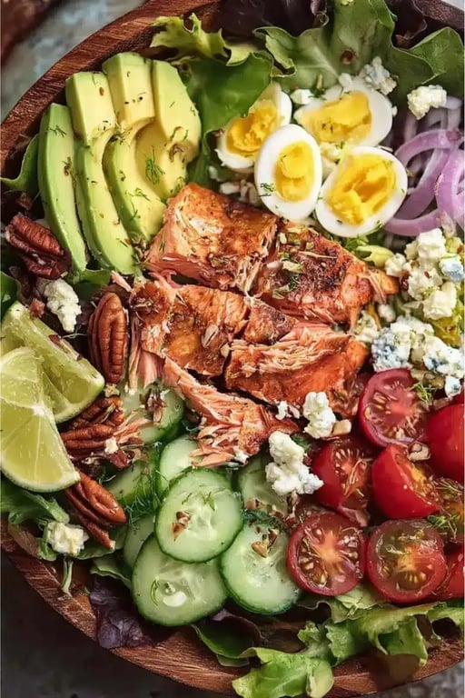 Keto Salmon Salad Recipe: A Flavor-Packed Low-Carb Favorite 1 Close-up of keto salmon salad with avocado, eggs, cucumber, and pecans.