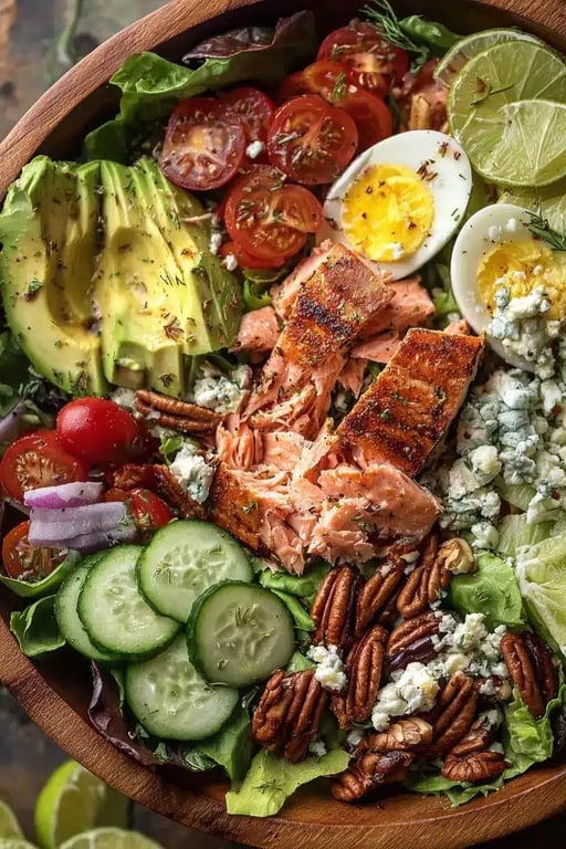 Keto Salmon Salad Recipe: A Flavor-Packed Low-Carb Favorite 7 Grilled keto salmon salad with avocado, eggs, cucumber, tomatoes, pecans, and blue cheese.