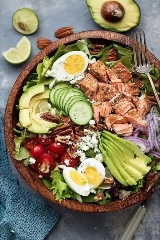 Keto Salmon Salad Recipe: A Flavor-Packed Low-Carb Favorite 8 Keto salmon salad with avocado, eggs, cucumber, tomatoes, and feta in a wooden bowl.