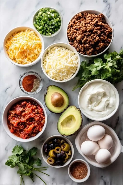 Flat lay of labeled keto taco lasagna ingredients on a white surface