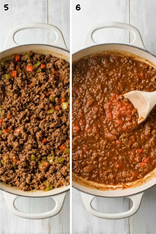 Two side-by-side images of ground beef preparation for keto taco lasagna—one with sautéed vegetables, the other with tomato sauce mixed in.