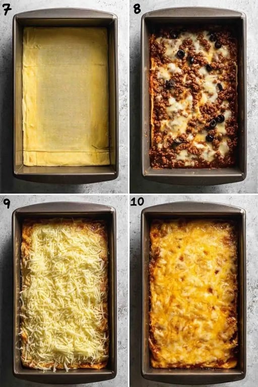 Keto taco lasagna being layered and baked in a loaf pan, step-by-step collage