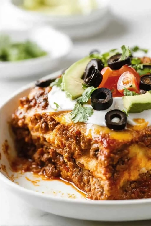 Sliced keto taco lasagna in loaf pan with visible meat layers