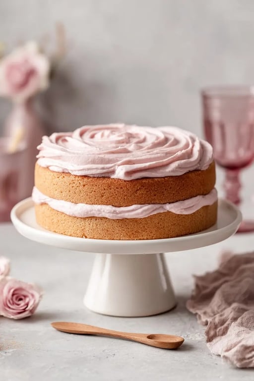 Keto Vanilla Cake Recipe That’s Light, Fluffy, and Guilt-Free - 2025 1 Two-layer keto vanilla cake with pink frosting on a white cake stand