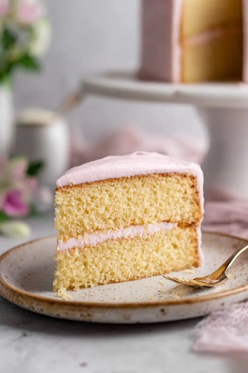 Keto Vanilla Cake Recipe That’s Light, Fluffy, and Guilt-Free - 2025 7 A slice of keto vanilla cake with pink frosting on a ceramic plate