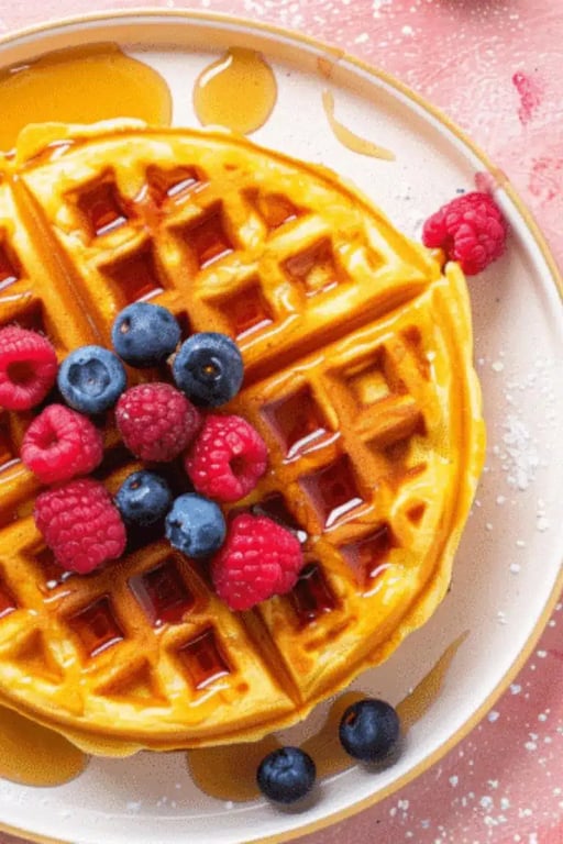 Golden keto waffles with berries and syrup on a plate.