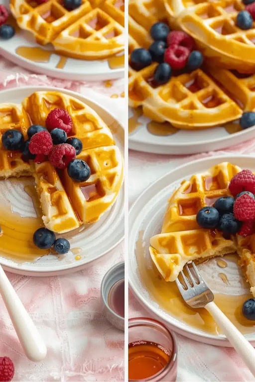 Keto Waffles Recipe – Low Carb, Crispy & Irresistibly Fluffy 8 Half-eaten keto waffles with blueberries, raspberries, and syrup.