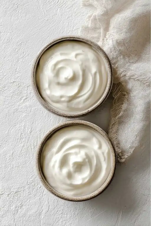 Two bowls of plain homemade keto yogurt with linen and spoon