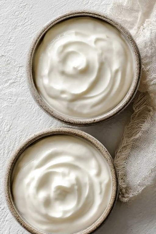 Plain keto yogurt in ceramic bowls on a white background
