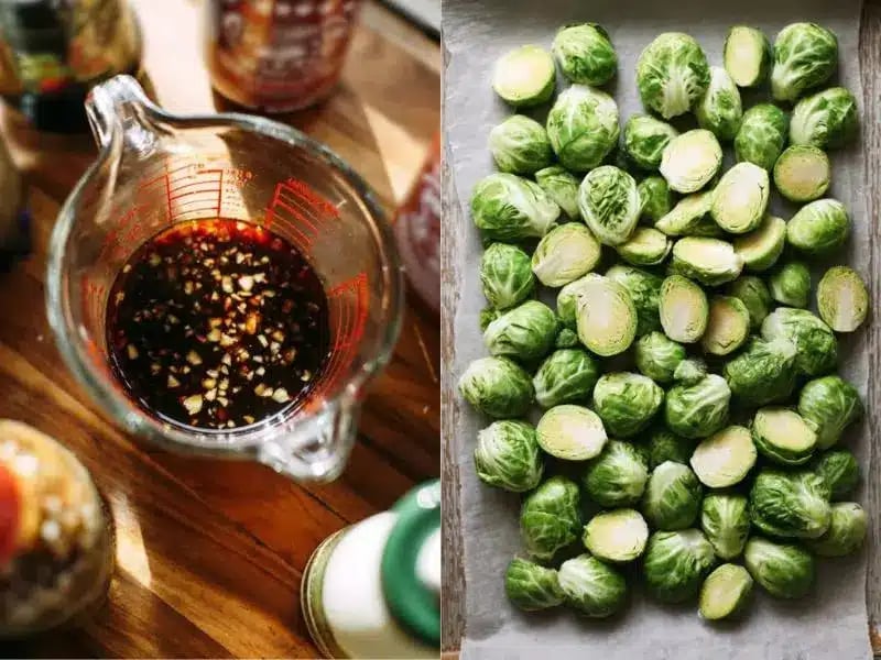 Prep for Kung Pao Brussels sprouts with sauce and halved sprouts