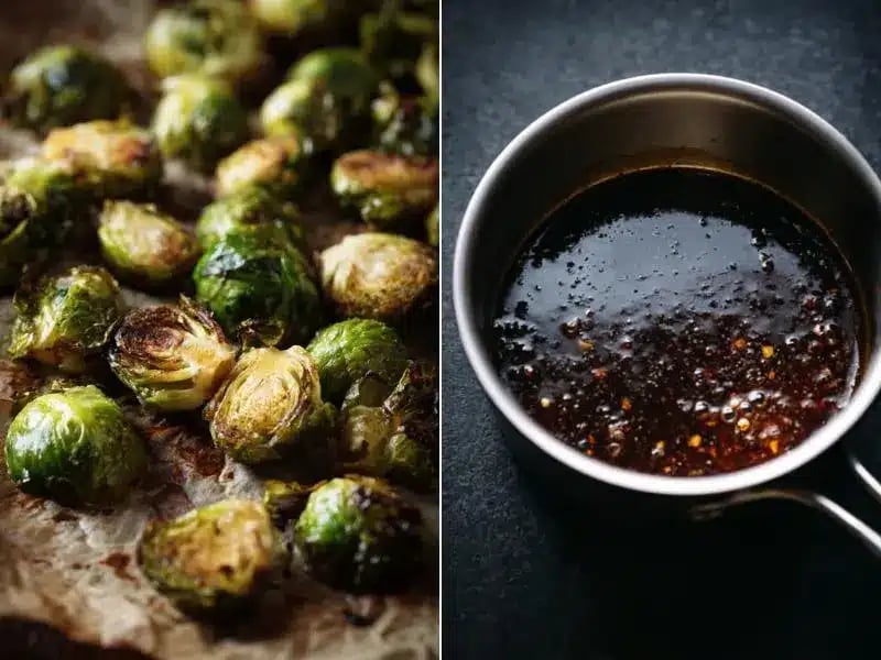Roasted Brussels sprouts and thickened Kung Pao sauce side by side