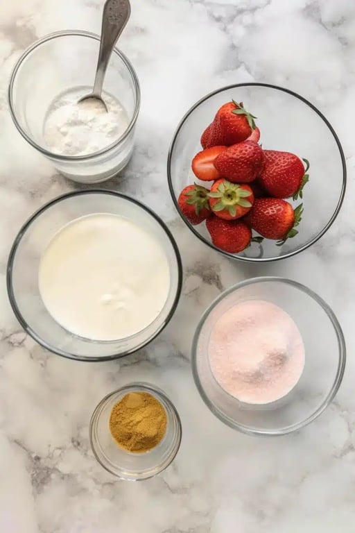 Protein powder, milk, and strawberries in glass bowls on marble surface.