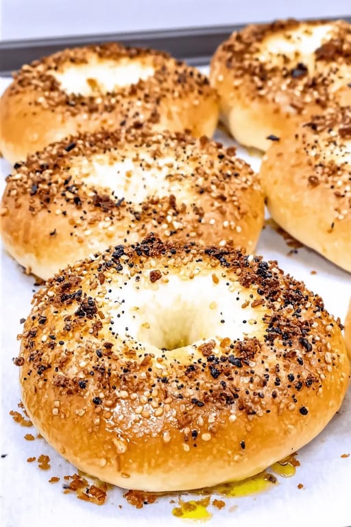Golden low carb bagels with everything seasoning fresh from the oven
