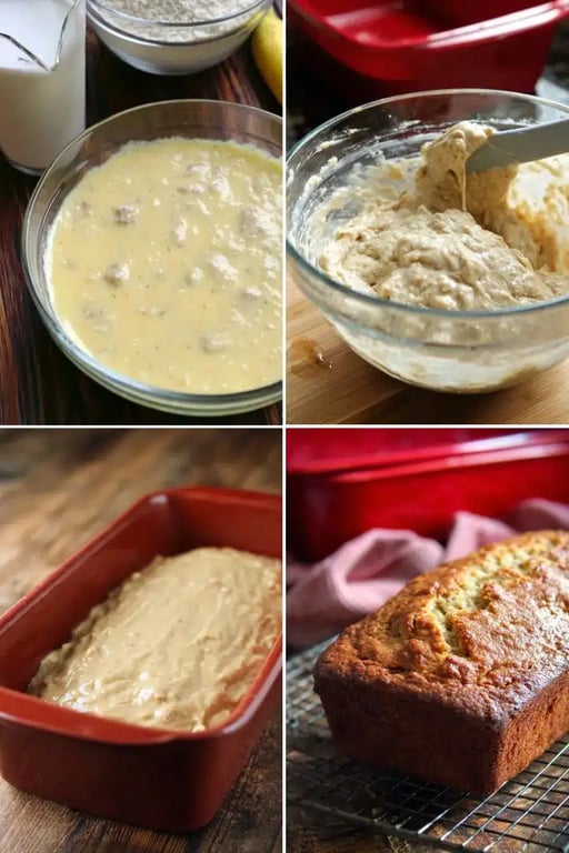 Step-by-step images of low carb banana bread from batter to baked loaf