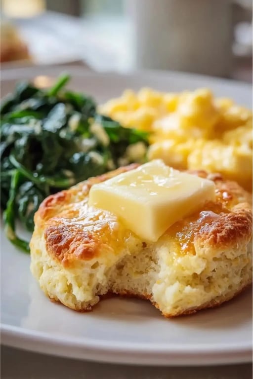 Split low carb biscuit with melting butter served with eggs and spinach.