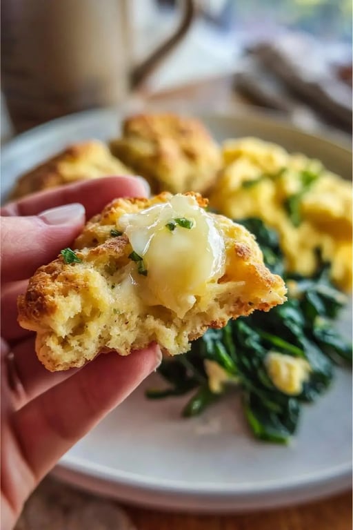 Hand holding a buttered low carb biscuit with breakfast in background
