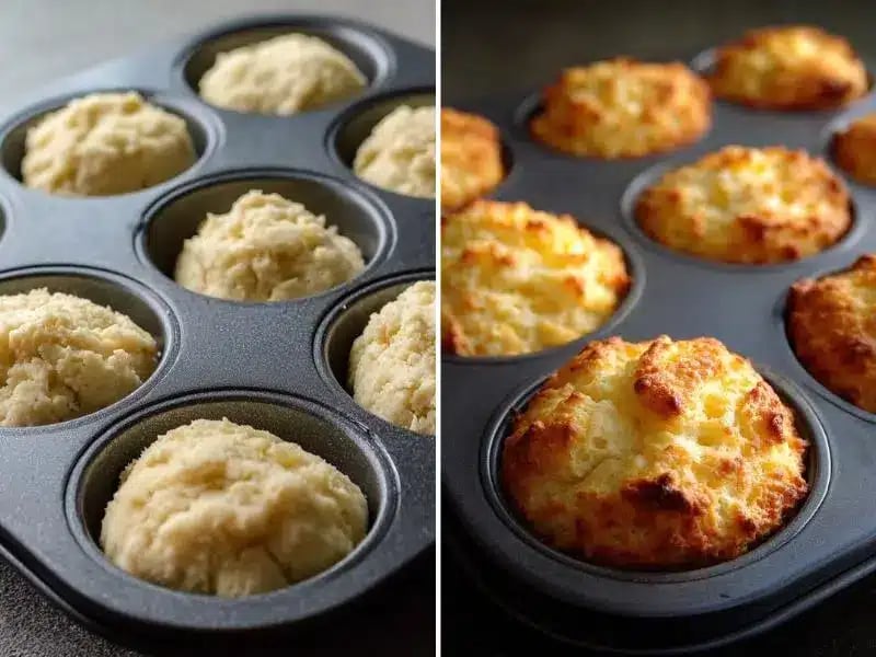 Raw and baked low carb biscuits in a muffin tin.