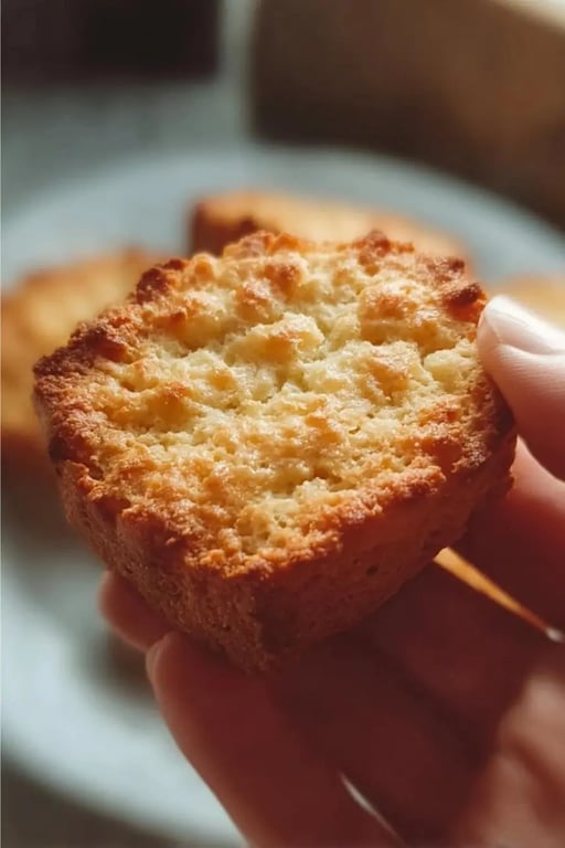 Hand holding a golden brown low carb biscuit.