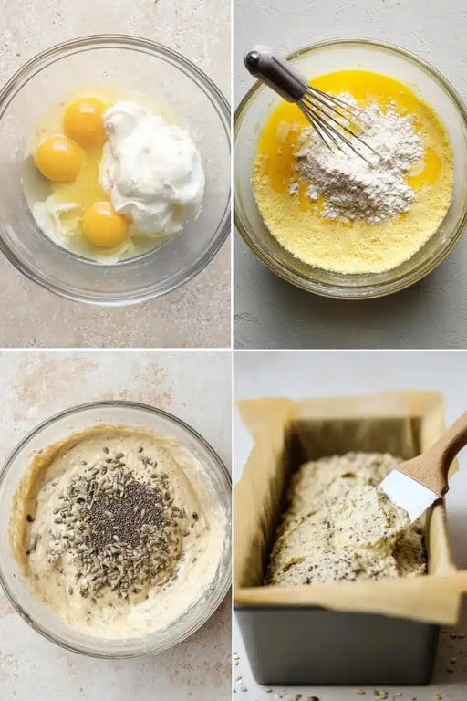 Low Carb Bread That Tastes Like the Real Thing 7 Step-by-step collage of mixing and preparing low carb bread batter