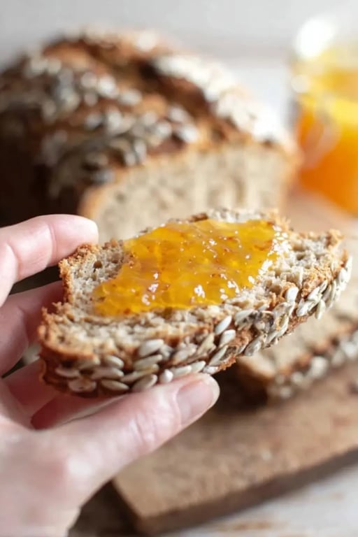 Low Carb Bread That Tastes Like the Real Thing 8 Hand holding a slice of low carb bread with sugar-free jam
