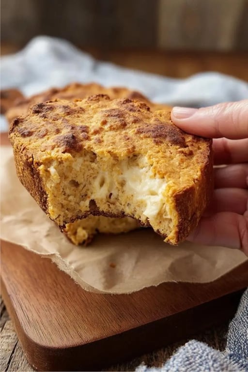 Bitten slice of low carb cottage cheese bread held by hand