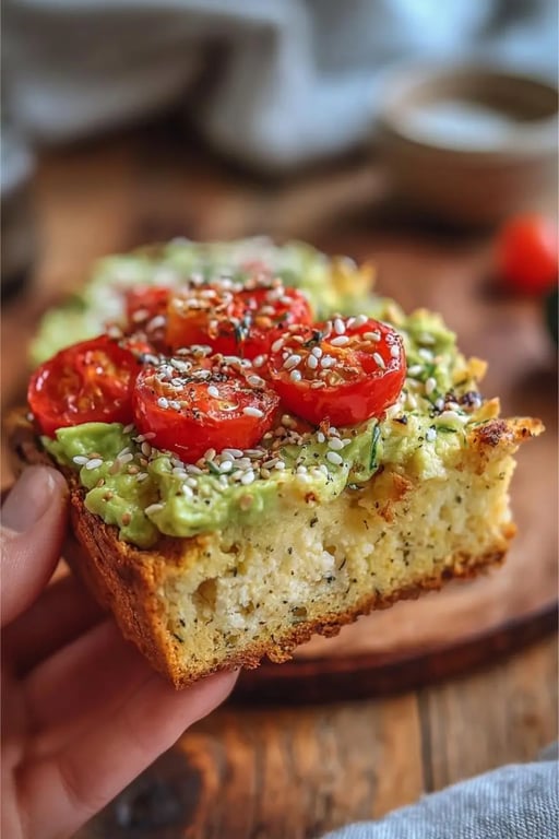 Low carb cottage cheese bread with avocado and tomatoes