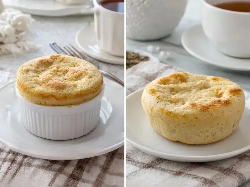 Low carb English muffin in ramekin and on simple white plate