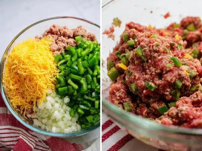 Side-by-side view of meatloaf ingredients and mixed loaf