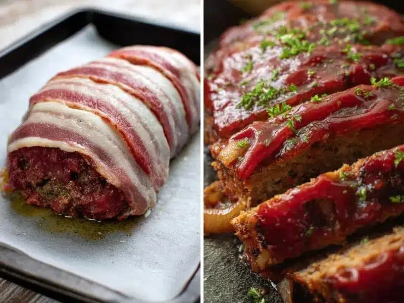 Raw and baked bacon-wrapped low carb meatloaf side by side