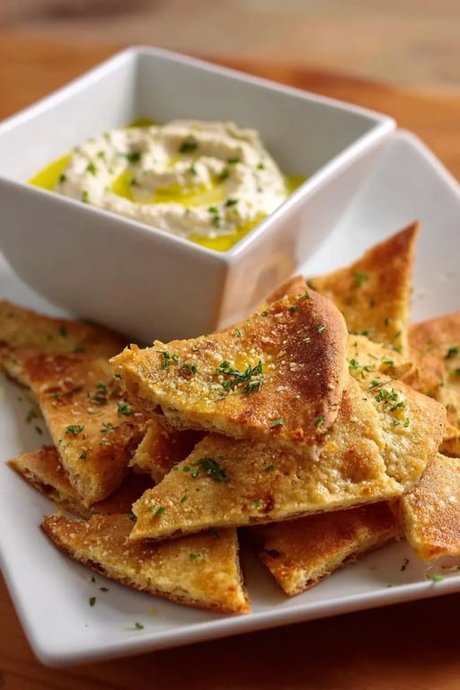 Toasted low carb pita bread with garlic dip and herbs