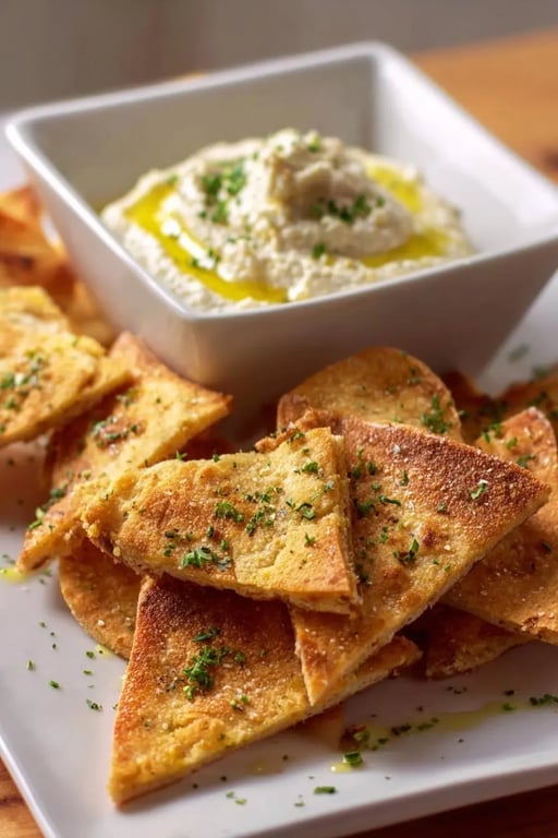 Low carb pita chips with garlic dip topped with olive oil and herbs