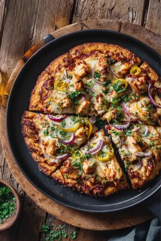 Low Carb Pizza Crust That Tastes Like the Real Thing 1 Golden low carb pizza crust topped with chicken, red onions, banana peppers, and herbs