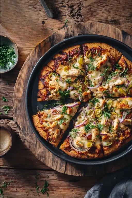 Low Carb Pizza Crust That Tastes Like the Real Thing 7 Low carb pizza baked and sliced with cheese, chicken, and herbs on wooden background