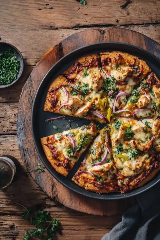 Low Carb Pizza Crust That Tastes Like the Real Thing 8 Low carb pizza crust topped with chicken, cheese, red onion, and fresh herbs on wooden background