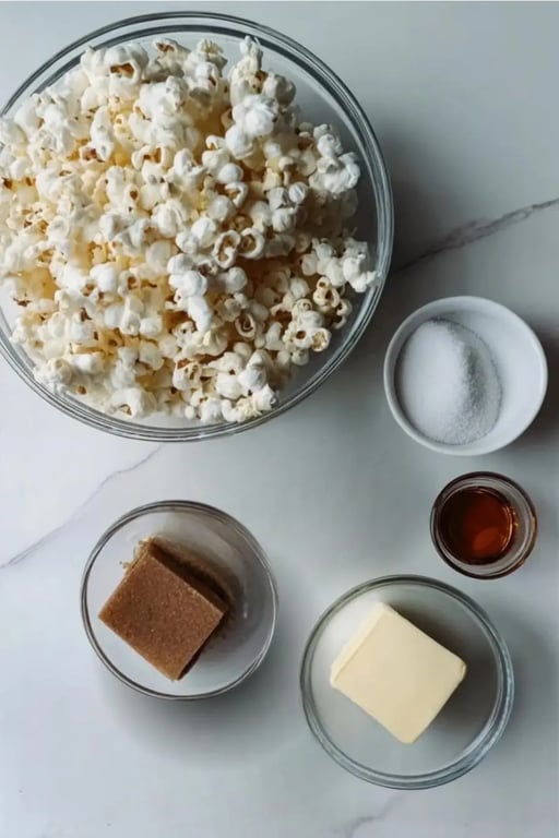 Flat lay of ingredients for low carb caramel popcorn on a white counter