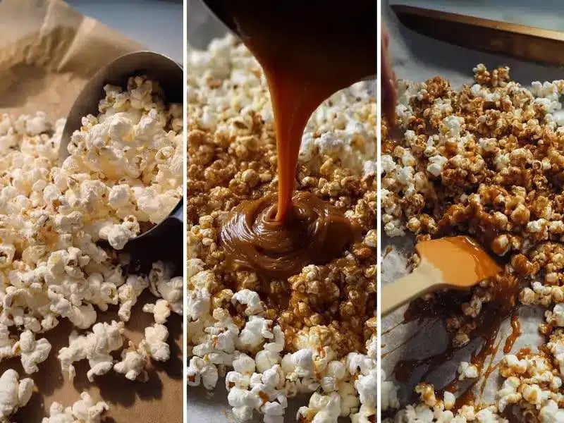 Step-by-step pouring and coating popcorn with caramel