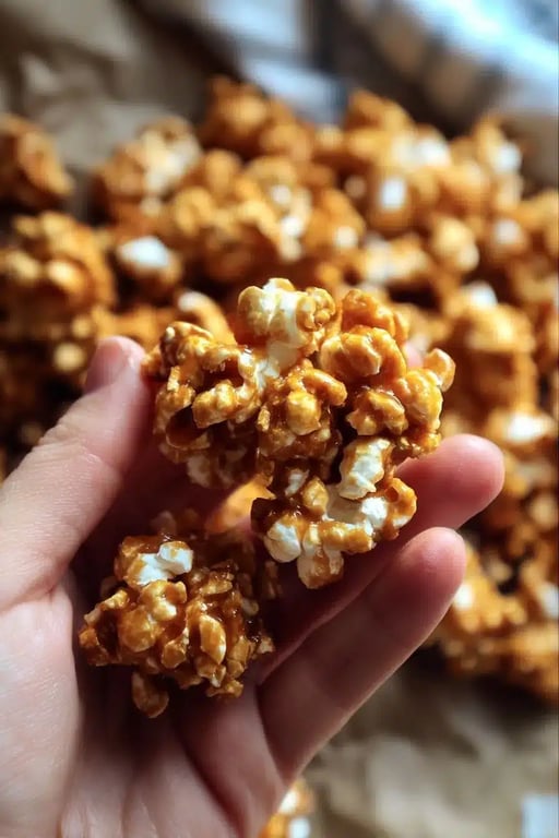 Hand holding crunchy low carb caramel popcorn clusters