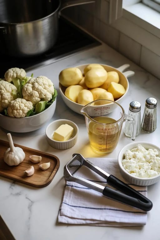 Ingredients for low carb mashed potatoes on a kitchen counter