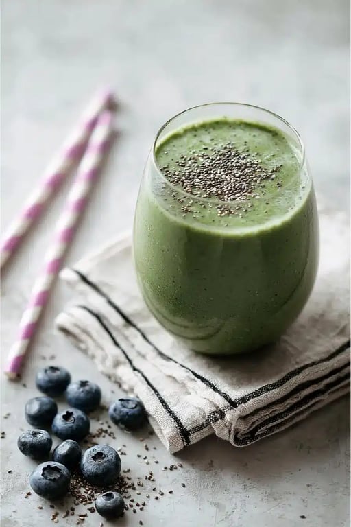 Low carb green smoothie topped with chia seeds, served in a glass with fresh blueberries on the side