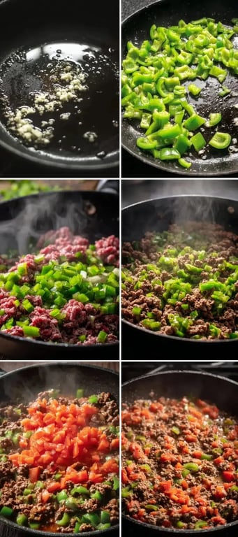 Step-by-step images of cooking garlic, peppers, ground beef, and tomatoes for stuffed peppers