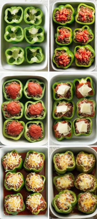Step-by-step images showing how to make low carb stuffed peppers with cheese