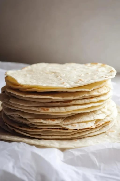 Stack of plain low carb tortillas on parchment paper