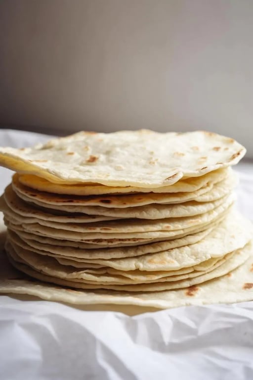 Stack of homemade low carb tortillas on white parchment in soft light